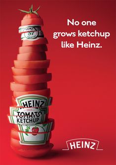 an advertisement for heinz's ketchup is shown in the middle of a red background