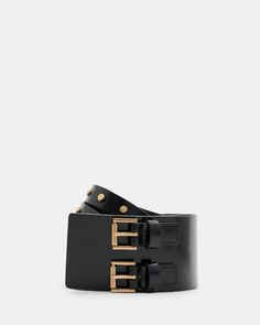 Up your belt game with the Elodie. This double strap shape is crafted from leather with two buckles and flat studded detailing. Want to amp up your outfit? Add this on top of our Hali Mini Dress, that's the look.  Two buckles Wide shape Waist belt Studded detailing Embossed logo Gold-tone metal hardware Leather Waist Belt, Black And Brass, Leather Belts, Metal Hardware, Embossed Logo, Elegant Jewelry, All Saints, Waist Belt, Gold Tone Metal