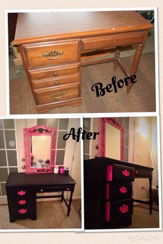 before and after photos of an old dresser with pink paint on the drawers, then painted