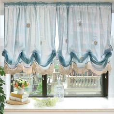 PRICES MAY VARY. Balloon curtain material: polyester with cotton, the price is for one piece. Balloon curtain size: 57"*69"(W145cm * H 175cm) CURTAIN COLOR: Light Blue You can adjust it with the "C" hooks to adjust the height and made the beautiful design you like :)) This elegant sheer window will make your home romantic, pure and fresh and best choice to decorate your home. With this beautiful Balloon window curtain, you can enjoy the rustic life, quiet and cozy, vintage simple but modern. Loo Living Room Shades, Kitchen Curtains And Valances, Shade Curtain, Curtains For Kitchen, Lace Balloons, Tie Up Curtains, Tie Up Shades, Balloon Valance, Balloon Curtains