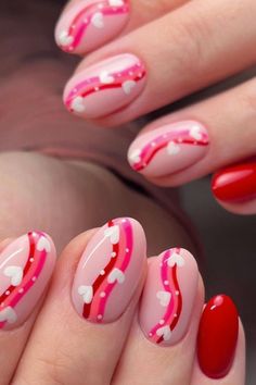 Valentine's Day Nails Nails Ideas Valentines, Valentines Day Nails Round Shape, Nails Every Nail Different Color, Nails Gel X Designs, Valentines Day Nail Art Designs, Nail Designs On Pink Nails, Nails 2 Different Colors On Each Hand, Vday Nails Short, Small Nail Designs