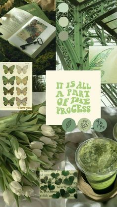 there is a collage with flowers and green things in the photo, including an open book