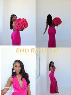 four photos of a woman in a pink dress holding a large bouquet of flowers and posing for the camera