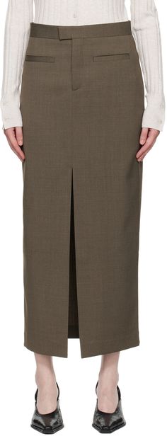 Slim-fit stretch polyester- and wool-blend delaine skirt. · Mid-rise · Two-pocket styling · Zip-fly · Central slit at front hem · Partial satin lining Supplier color: Driftwood Apparel Accessories, Wool Blend, Maxi Skirt, Mid Rise, Slim Fit, Satin, Skirt, Wool, Outfit Accessories