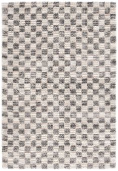 a gray and white checkered rug on a white floor with grey squares in the middle