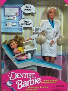 a barbie doll with a dentist's chair and baby doll