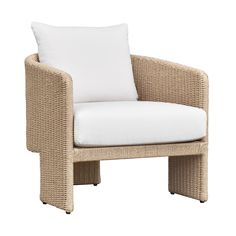 a wicker chair with white pillows on it's back and seat padding