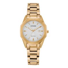 This stylish Corso women's watch from Citizen features a unique octagonal bezel for an added touch of sophistication. The 28mm case, gold-tone stainless steel band and white mother-of-pearl face create a uniquely elegant look. The watch possesses features such as Eco-Drive technology, date tracking and a three-piece case construction for added dimension and detailing, elevating the watch to the next level. Citizen Watch Women, Light Watch, Citizen Eco, Eco Drive, Birthday List, Stainless Steel Band, Stainless Steel Watch, Face Cover