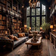 a living room filled with lots of books and furniture next to a large open window