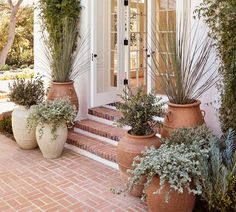 three large planters on the front steps of a house