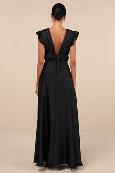 The Lulus I'm All Yours Black Satin Cutout Ruffled Maxi Dress is dedicated to making you look lovely! Sleek woven satin sweeps from ruffled, cap sleeves into a plunging V-neckline and matching V-back. A banded empire waist, with a set of tying details at the front and back, sits atop a cascading skirt that falls to an elegant maxi hem. Hidden back zipper/clasp. Fit: This garment fits true to size. Length: Floor length. Size medium measures 48.5" from shoulder to hem. Bust: Great for any cup size Wedding With Black Bridesmaid Dresses, Black Silk Bridesmaid Dress, Resort Formal, Long Black Formal Dress, Satin Black Dress, Long Black Dress Formal, Short Sleeve Bridesmaid Dress, Black Prom Dress Short, Silk Bridesmaid Dresses