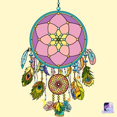 a drawing of a dream catcher with feathers