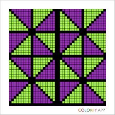 a cross stitch pattern in purple, green and black with triangles on the bottom half