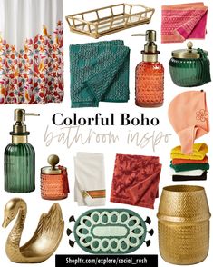 colorful boho bathroom decor in gold, green and pink with text overlay that says beautiful boho