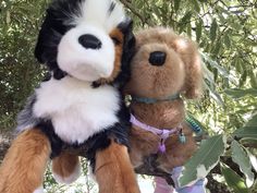 two stuffed animals are hanging from a tree