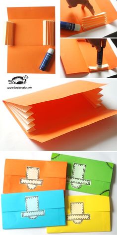 an orange envelope is cut into pieces with scissors and glue on the inside, along with several other images