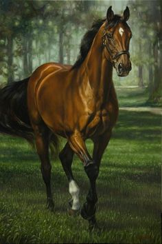 a painting of a brown horse running in the grass with trees in the back ground