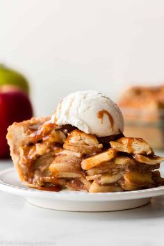 a slice of apple pie with ice cream on top