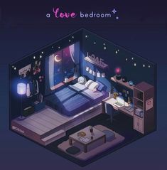 a room with a bed, desk and night lights on the walls is shown in an animated style