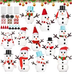 snowmen with hats, scarfs and christmas decorations on white background stock photo - budget cut outs