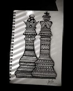 a black and white drawing of two chess pieces