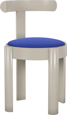 a white chair with a blue cushion on the seat and backrest, viewed from the front