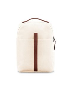 a white backpack with brown straps on the front and back side, against a white background