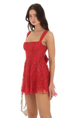 Unique Hoco Dresses, Red Beaded Dress, Hoco Dresses Red, Cute Formal Dresses, V Dress, Red Homecoming Dresses, Lucy In The Sky, Casual Day Dresses, Floral Fit