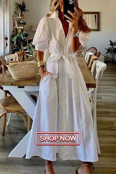 Women Elegant Casual White Beach Midi Dress Streetwear Dress, Shirt Casual Style, Collared Shirt Dress, Dress Sleeve Styles, High Waist Dress, Maxi Robes, Dress Shirt Sleeves, Maxi Shirt Dress, Shirt Dress Casual