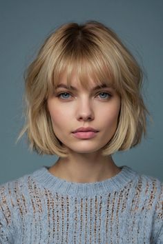 Blonde With Curtain Bangs Short, Classic Bob With Curtain Bangs, Platinum Blonde Bob With Curtain Bangs, Straight Blonde Bob With Bangs, Golden Blonde Bob With Bangs, Layers And Bangs, Messy Ponytail, Curly Hair With Bangs, Ash Blonde Hair