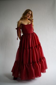 The Siena Gown in Scarlet Red – wildroseandsparrow Formal Tiered Dress, Red Flowing Dress, Floor Length Gowns Formal, Dark Romantic Dress, Red Selkie Dress, Dark Red Wedding Guest Dress, Red Tiered Dress, Funky Formal Dresses, Corset Gown Fairytale