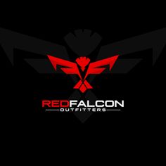 the red falcon outfitters logo is shown on a black background with an orange bird