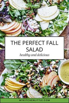 the perfect fall salad healthy and delicious with apples, walnuts, lettuce, feta cheese and dressing