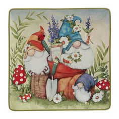 two gnomes sitting in a basket with flowers and a sign that says, gnome garden flowers are the sweetest