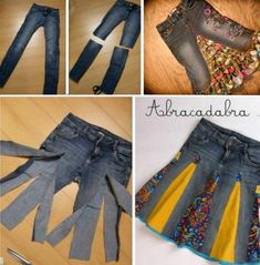 several pictures of different types of clothing and accessories, including jeans with flowers on them