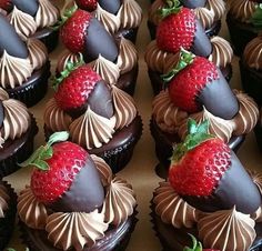 chocolate cupcakes with strawberries on top are lined up in rows and ready to be eaten