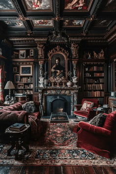 a living room filled with lots of furniture and paintings on the walls, along with a fire place