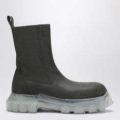 Dark green leather boot from Rick Owens featuring a round toe, elastic side panels, tongue with rear loop and a maxi rubber sole. Bozo Tractor Boots, Golden Goose Sneakers, Leather Boot, Boot Pumps, Tshirt Skirt, Boots And Sneakers, Brown Leather Boots, Side Panels, Flat Sneakers