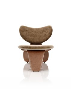 an upholstered chair with a wooden base and seat cushion on the back, in front of a white background