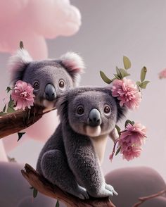 two koalas are sitting on a branch with pink flowers