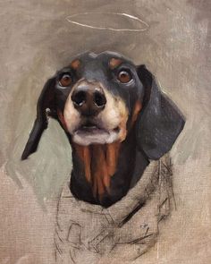 a painting of a black and brown dog wearing a scarf