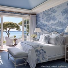 a bedroom with blue and white wallpaper has a large window overlooking the water