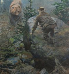 a painting of two bears walking in the woods