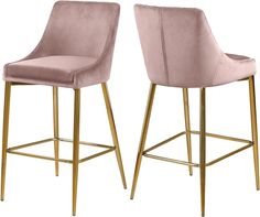 pair of pink velvet bar stools with gold metal legs and backrests, set of 2