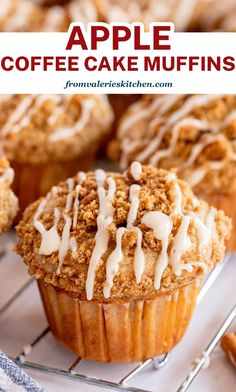 apple coffee cake muffins on a cooling rack with icing drizzled