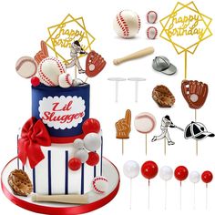 a birthday cake decorated with baseballs, mitts and balloons