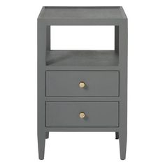 a grey nightstand with two drawers and gold knobs on the bottom, against a white background