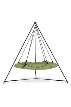 a green hammock hanging from a metal frame