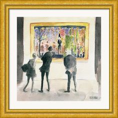 three people looking at an art work in a gold framed artwork print by artist mark adkins