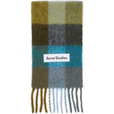 Rectangular brushed alpaca, wool, and mohair-blend scarf featuring check pattern in tones of green, blue, and grey. Textile logo patch in white and black embroidered at face. Fringed detailing at ends. Approx. 98 length x 11 height.Supplier color: Olive green/Turquoise blue/Grey Acne Scarf, Tan Scarf, Checkered Scarf, Check Scarf, Woolen Scarves, Studio Green, Checked Scarf, Textile Logo, Alpaca Wool